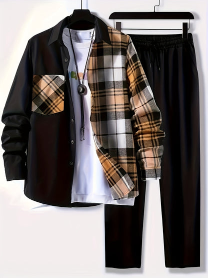 Plus Size Men's Plaid Shirt and Pants Set for Outdoor Comfort