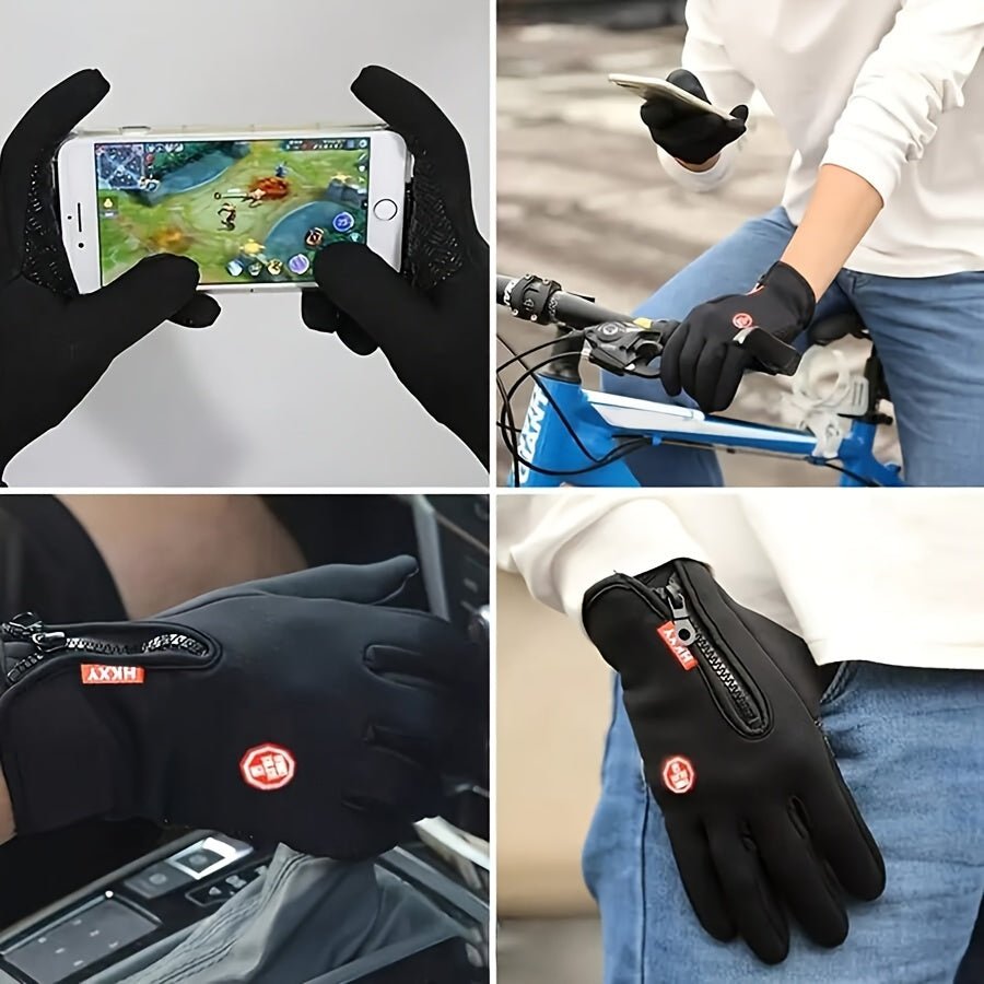 Black gloves with touchscreen functionality used for gaming and riding a bike.