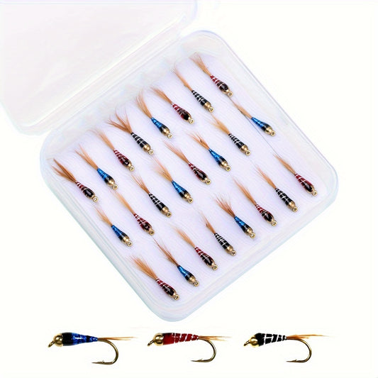 Set of fishing flies in a white case on a white background