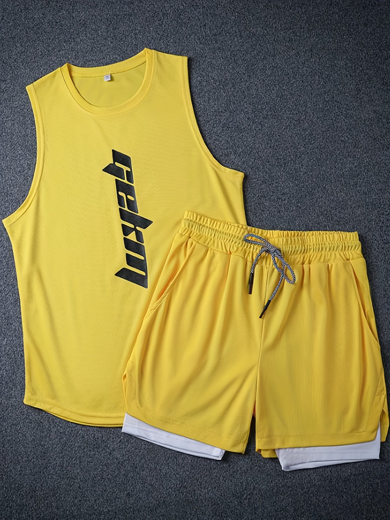 Men's 2pcs Outfits, Letter Print, Casual Graphic Tank Top 2-In-1 Shorts Set, Men's Clothing