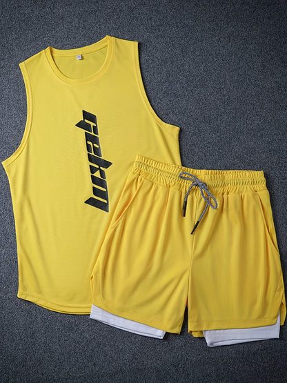 Men's 2pcs Outfits, Letter Print, Casual Graphic Tank Top 2-In-1 Shorts Set, Men's Clothing