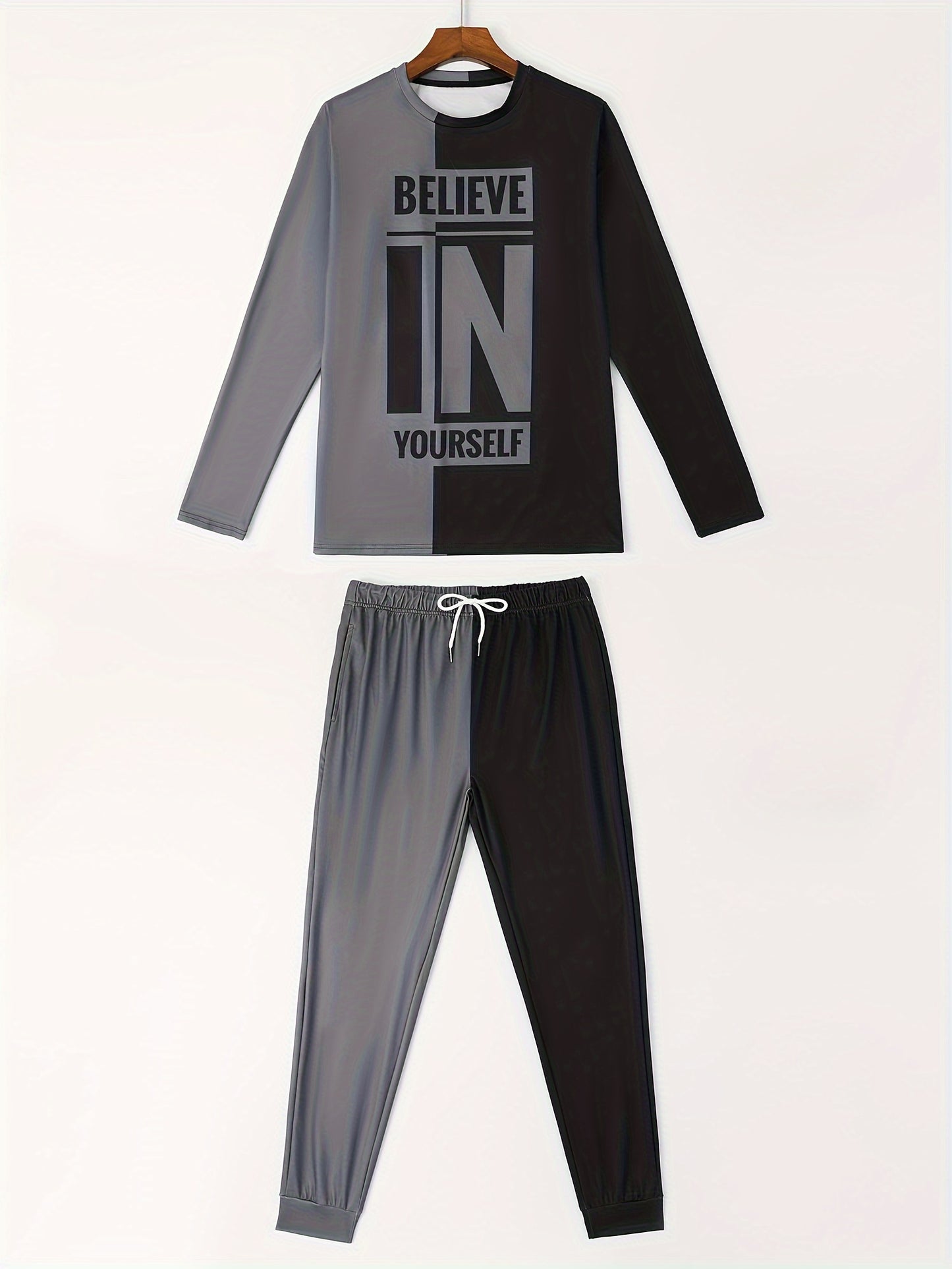 Color Block Casual Men's 2-Piece Outfit Set for Fall/Winter