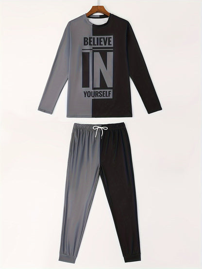 Color Block Casual Men's 2-Piece Outfit Set for Fall/Winter