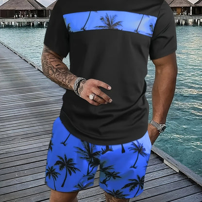 Men's Coconut Tree Pattern T-Shirt and Pink Shorts Set
