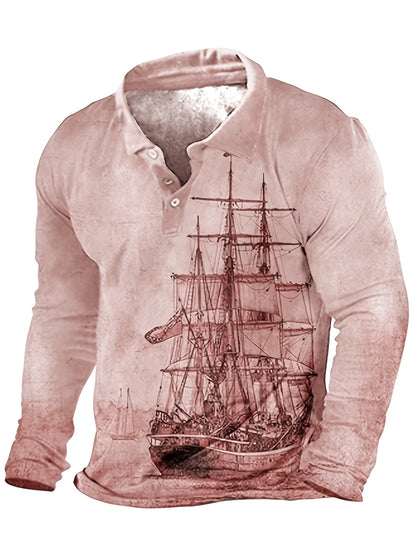 Plus Size Men's 3D Sailboat Print Long Sleeve Shirt