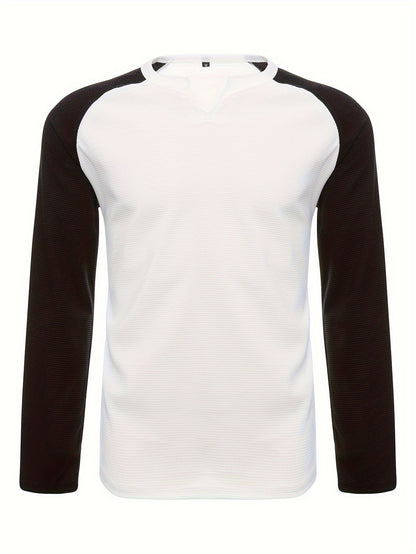 Mens Color Block Long Sleeve V-Neck T-Shirt for All Seasons