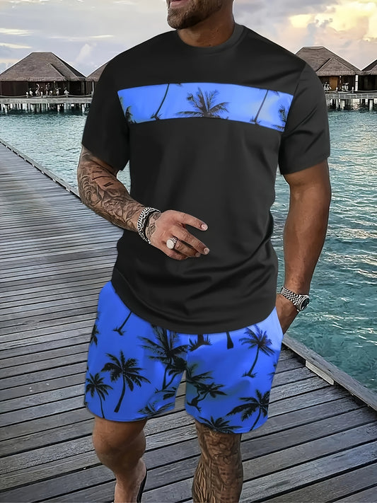 Men's Coconut Tree Pattern T-Shirt and Shorts Set