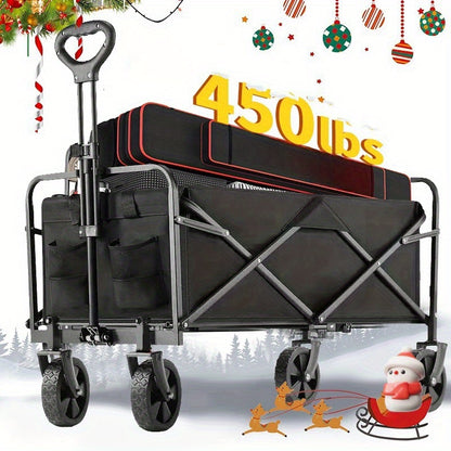 Black folding cart with capacity label on a white background with Christmas decorations