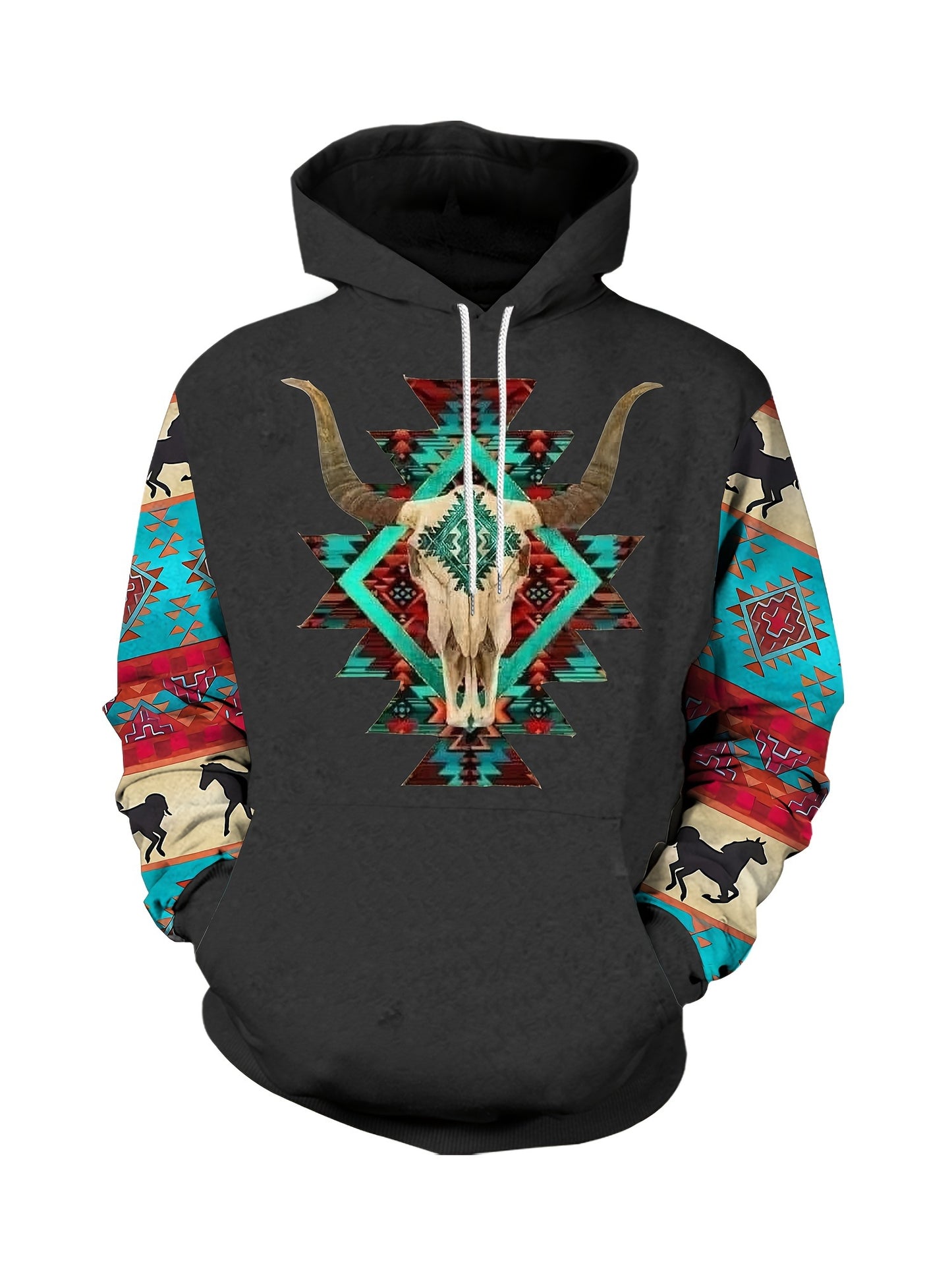 Plus Size Men's Hoodie with Bold Ethnic Prints for Fall