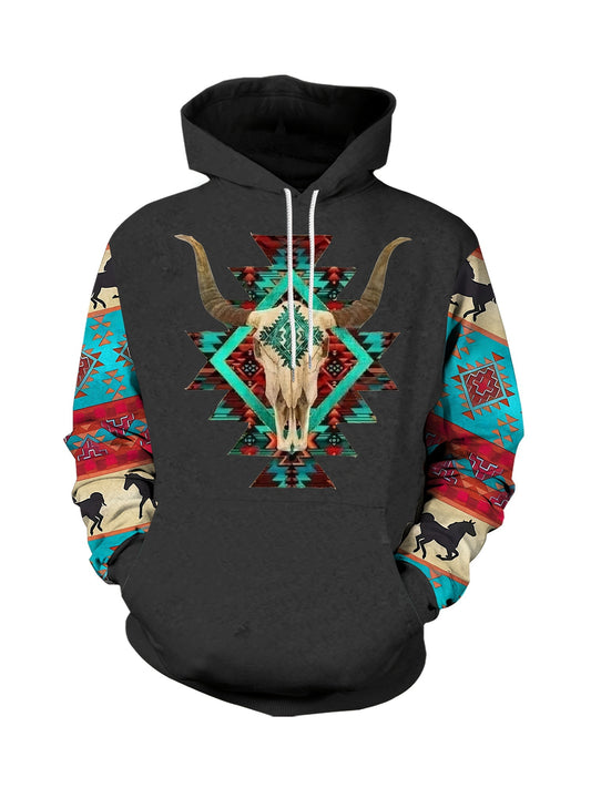 Plus Size Men's Hoodie with Bold Ethnic Prints for Fall