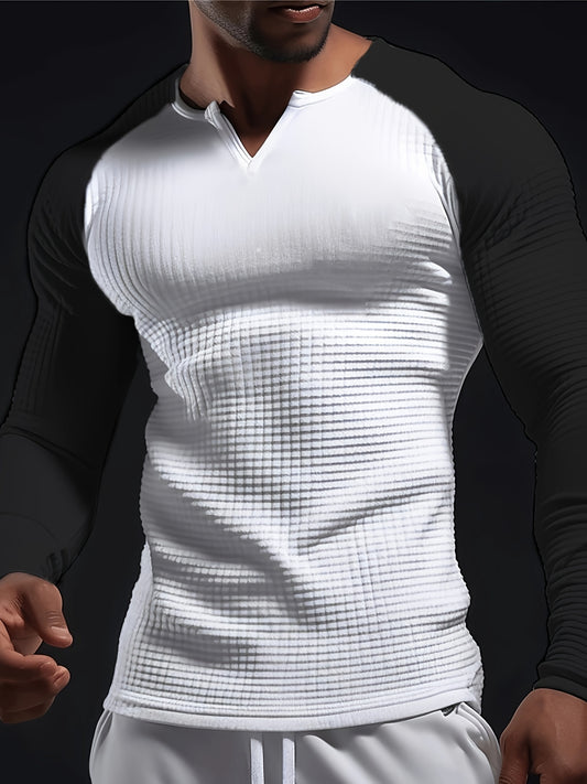 Mens Color Block Long Sleeve V-Neck T-Shirt for All Seasons