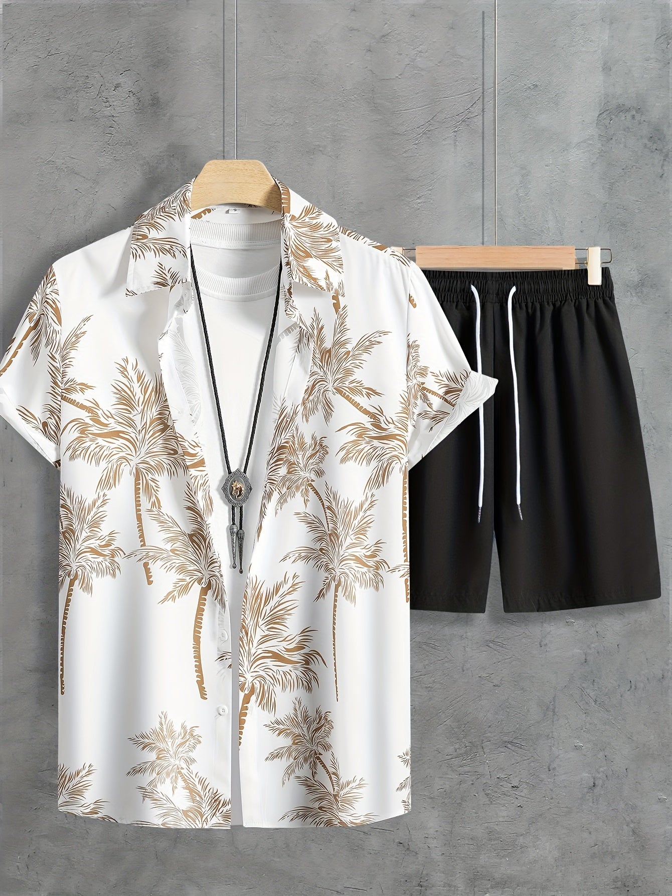 Men's Casual Coconut Tree Print Shirt and Shorts Set