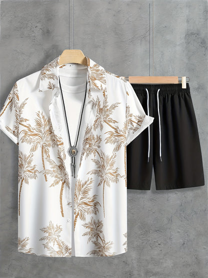 Men's Casual Coconut Tree Print Shirt and Shorts Set