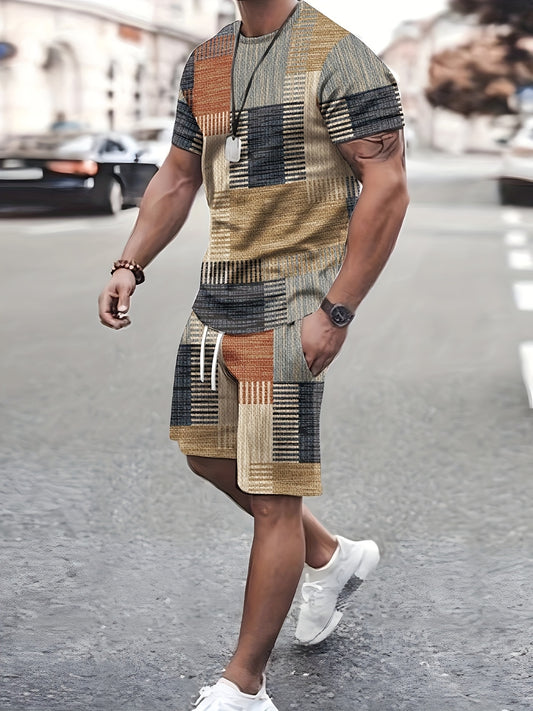 Person wearing a patterned outfit walking on a street.