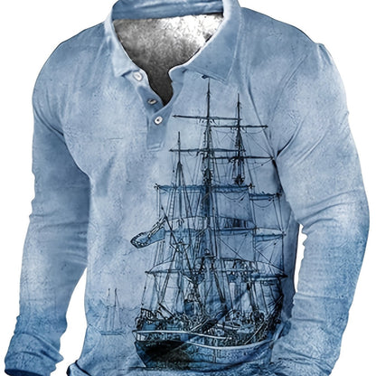 Plus Size Men's 3D Sailboat Print Long Sleeve Shirt