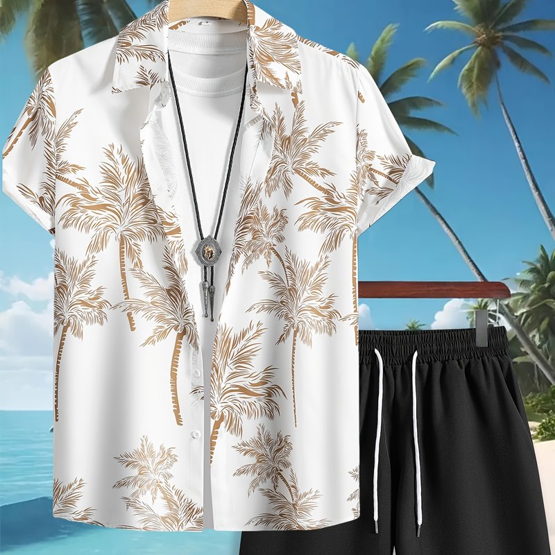 Men's Casual Coconut Tree Print Shirt and Shorts Set