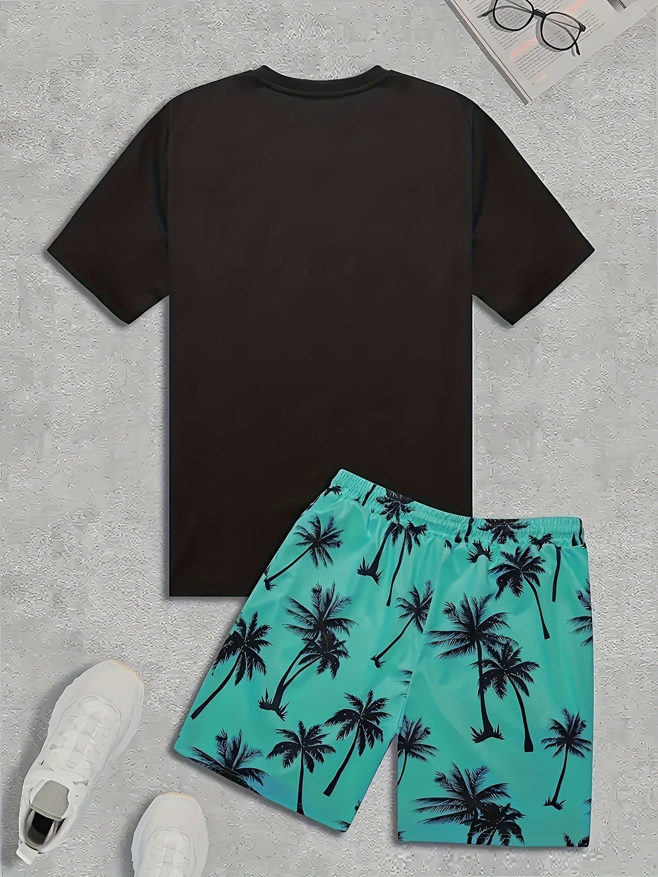 Men's Coconut Tree Pattern T-Shirt and Pink Shorts Set