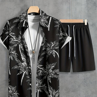 Men's Casual Coconut Tree Print Shirt and Shorts Set