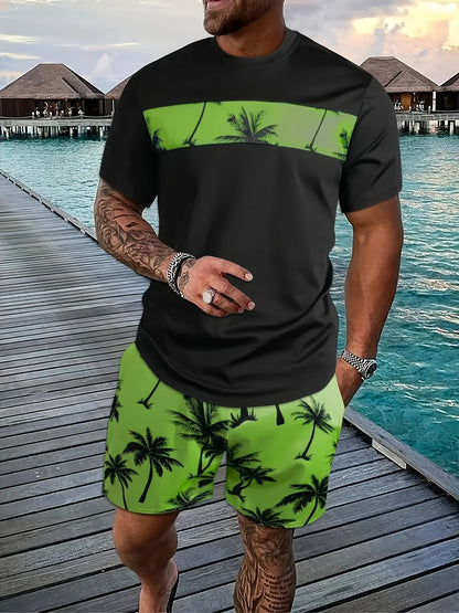 Men's Coconut Tree Pattern T-Shirt and Pink Shorts Set