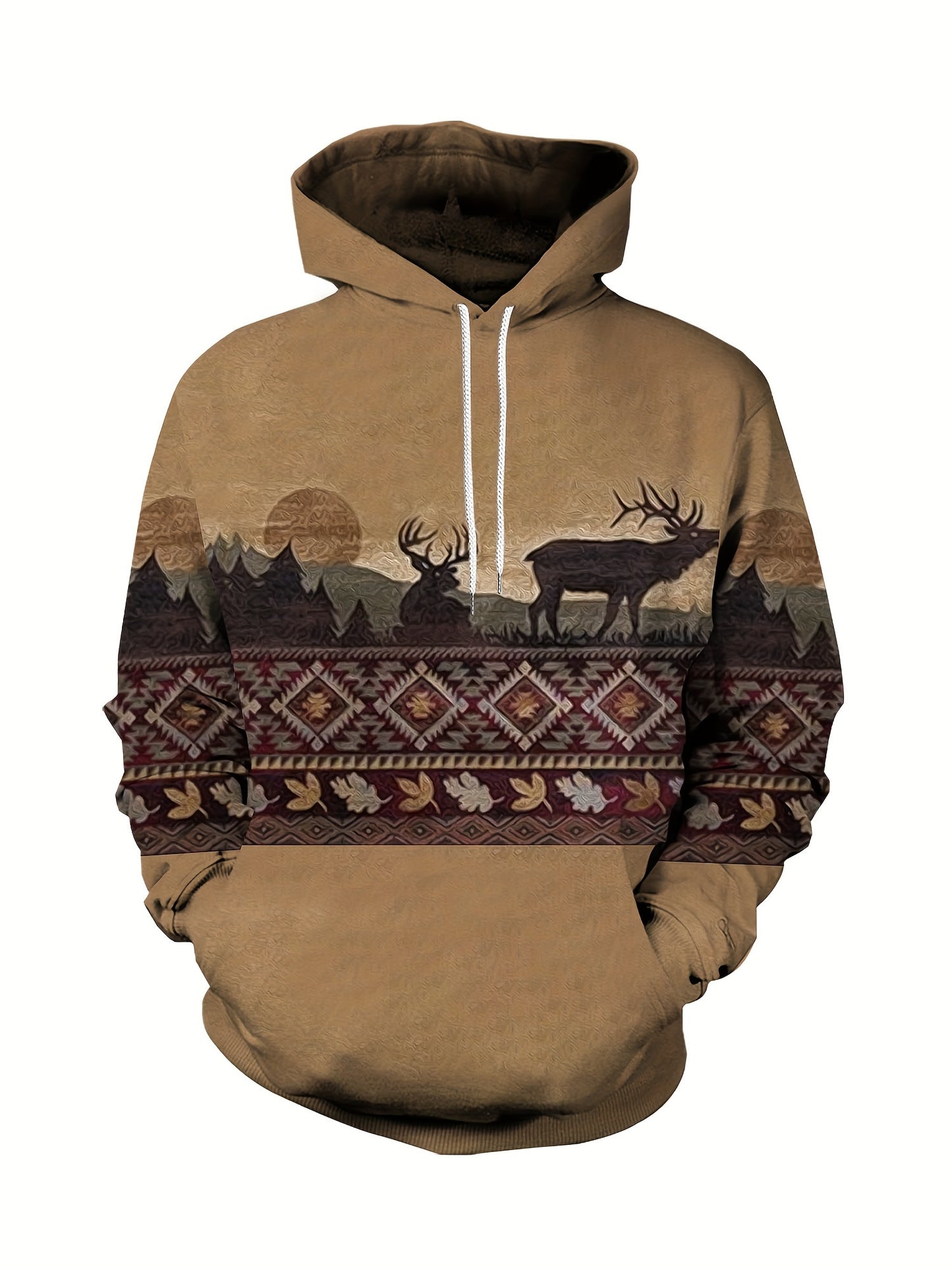Plus Size Men's Hoodie with Bold Ethnic Prints for Fall