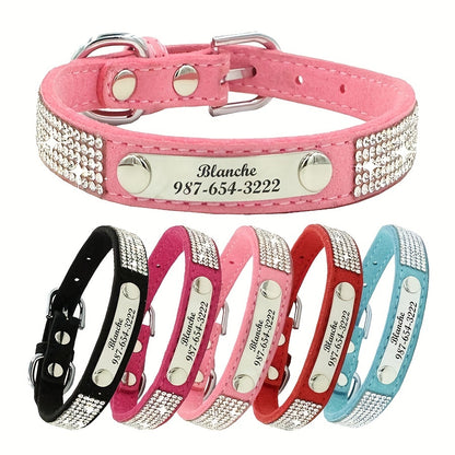 Custom Rhinestone Dog Collar with Engraved ID Tag for Pets