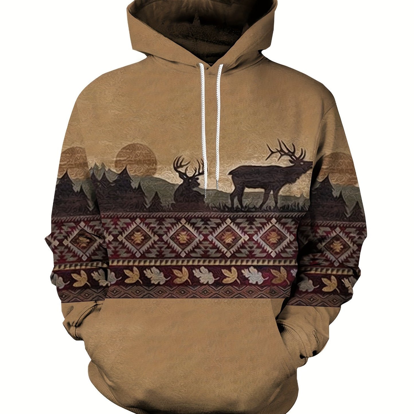 Plus Size Men's Hoodie with Bold Ethnic Prints for Fall