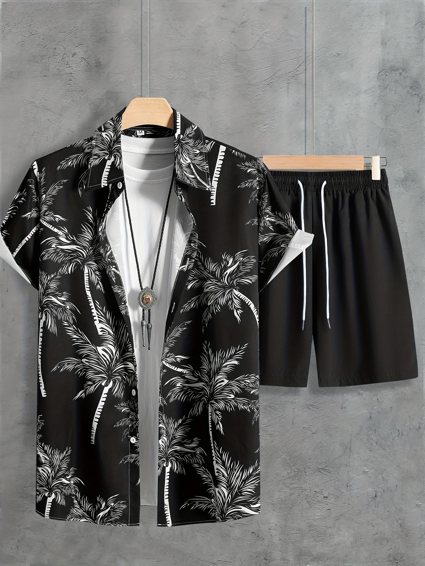Men's Casual Coconut Tree Print Shirt and Shorts Set