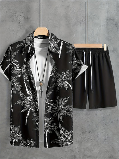Men's Casual Coconut Tree Print Shirt and Shorts Set