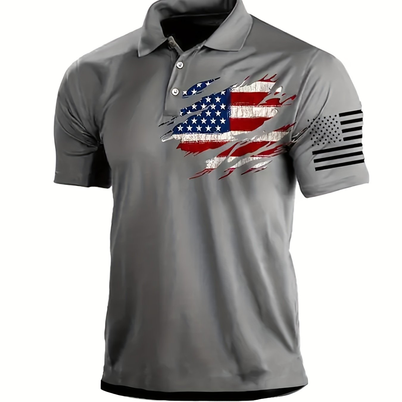 Slightly Stretch Button-Up Golf Shirt with Flag Pattern