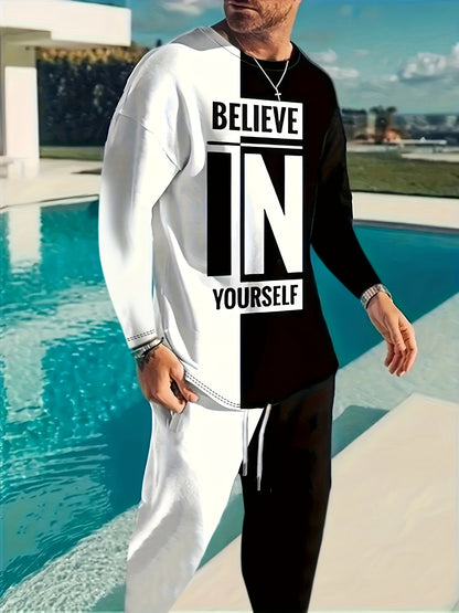 Color Block Casual Men's 2-Piece Outfit Set for Fall/Winter