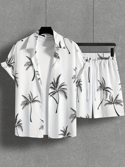 Coconut Tree Print Men's Summer Outfit - Shirt and Shorts Set