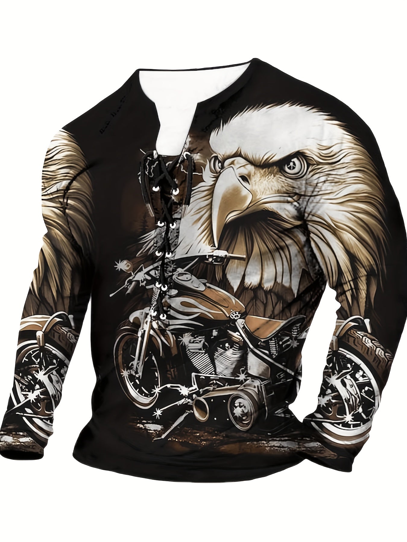 Men's V Neck Henley T-shirt with 3D Eagle Graphic Print