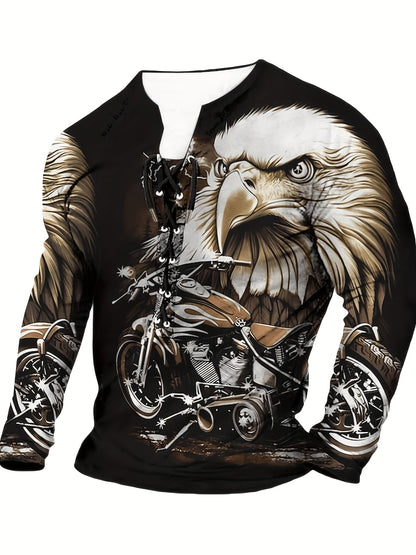 Men's V Neck Henley T-shirt with 3D Eagle Graphic Print