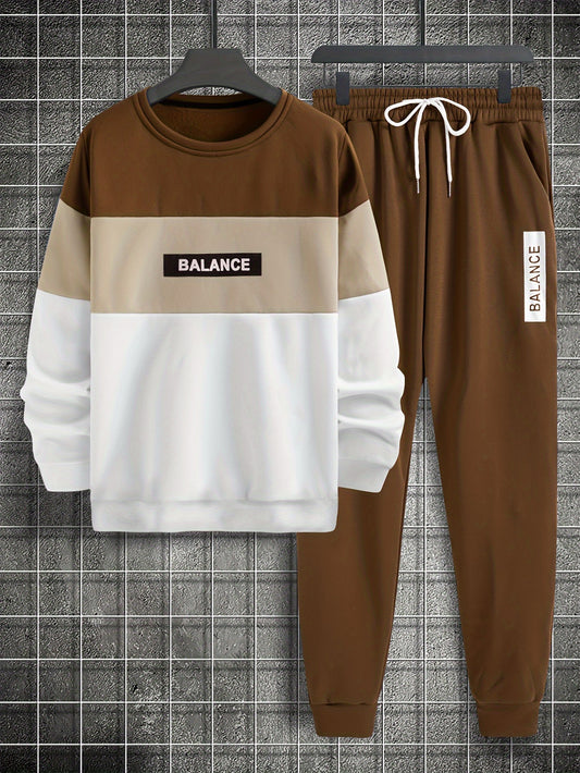 Color Block Long Sleeve Pullover & Joggers Set for Men