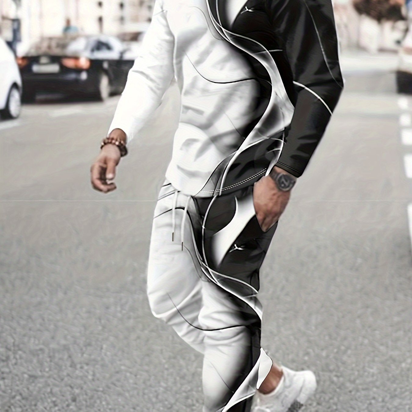 Men's Black & White Casual T-Shirt and Jogger Set for Fall