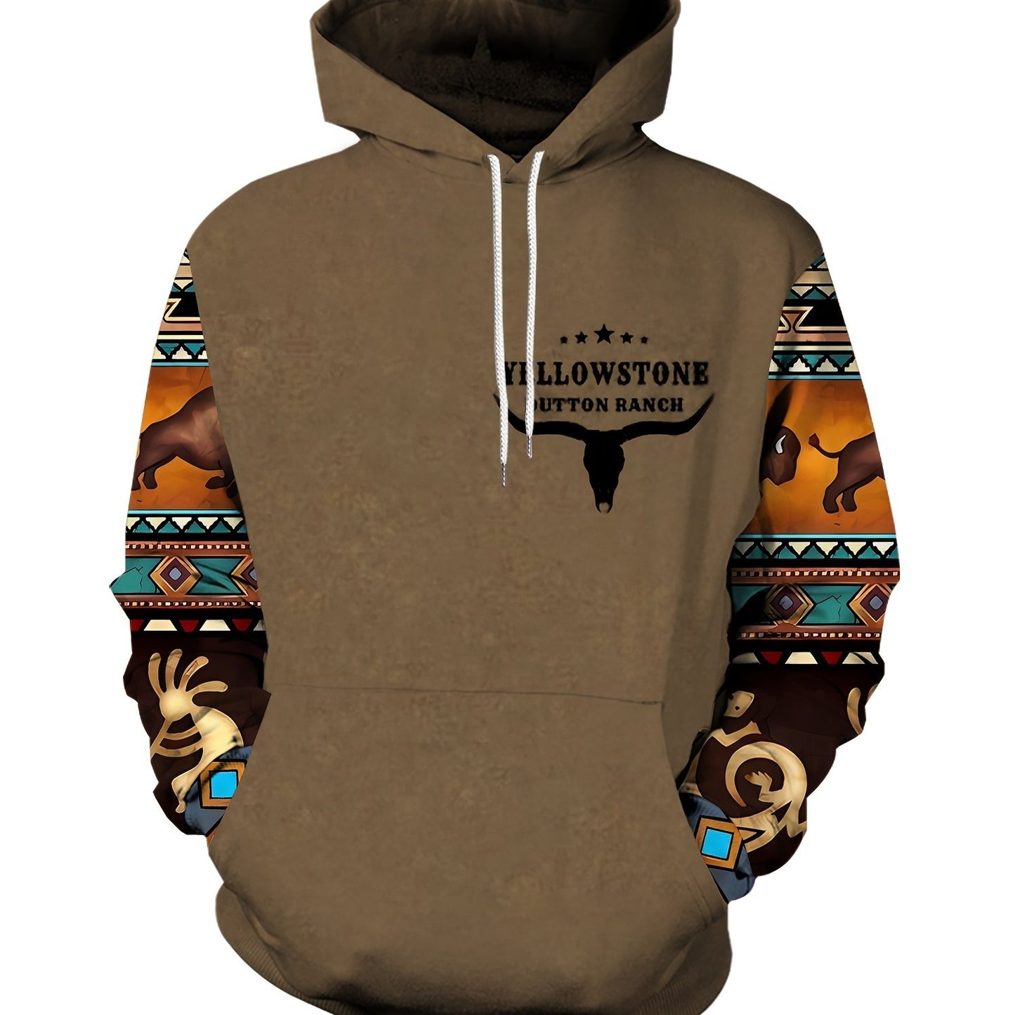 Plus Size Men's Hoodie with Bold Ethnic Prints for Fall