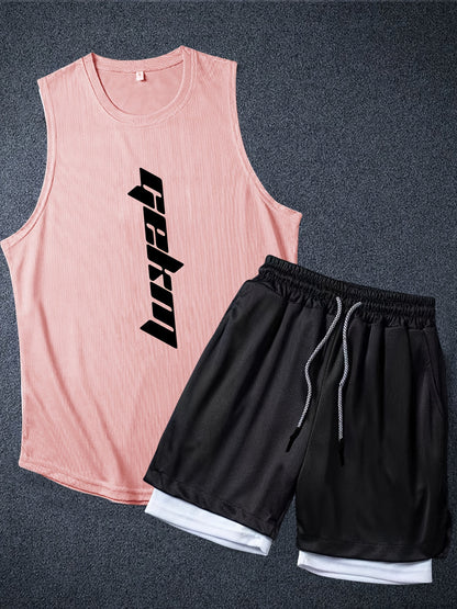 Men's 2pcs Outfits, Letter Print, Casual Graphic Tank Top 2-In-1 Shorts Set, Men's Clothing