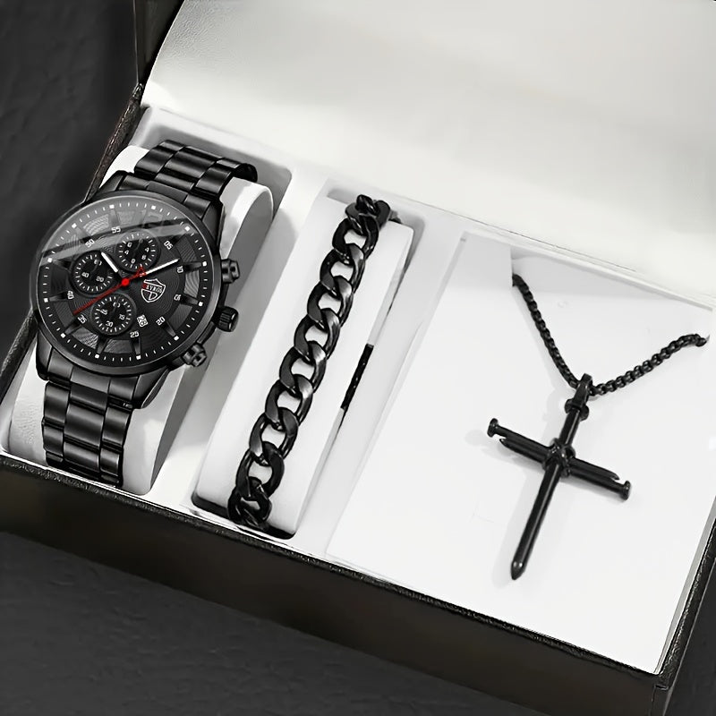 3-Piece Men's Quartz Watch, Bracelet & Necklace Set