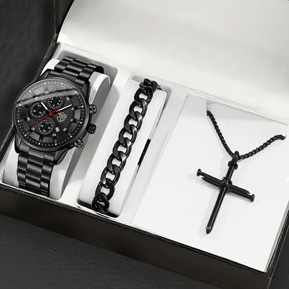 3-Piece Men's Quartz Watch, Bracelet & Necklace Set