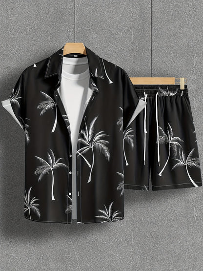 Coconut Tree Print Men's Summer Outfit - Shirt and Shorts Set