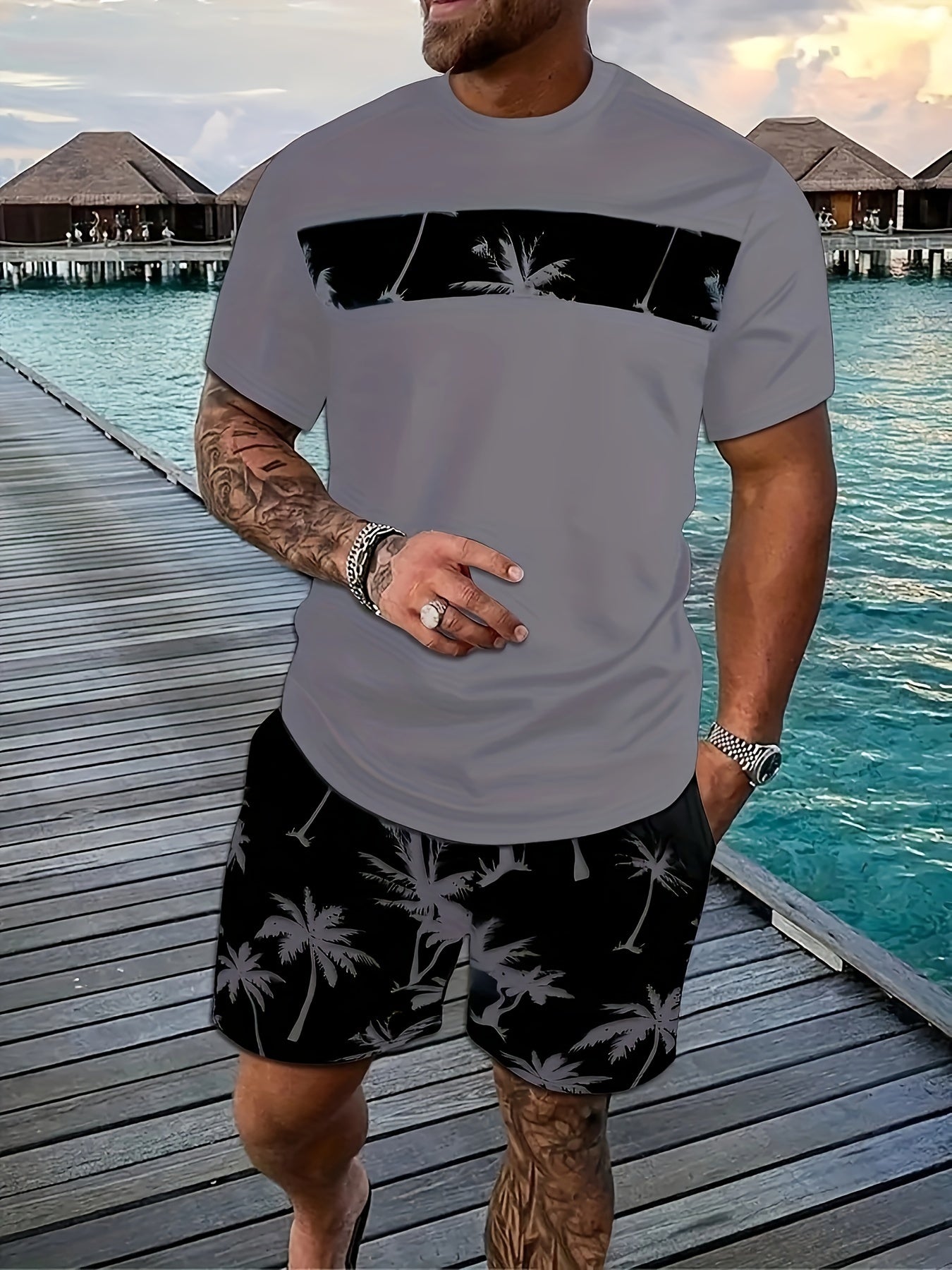 Men's Coconut Tree Pattern T-Shirt and Pink Shorts Set