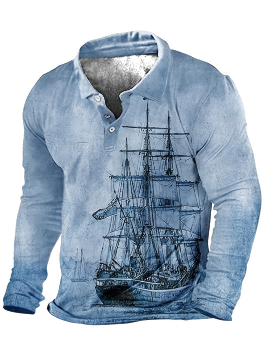Plus Size Men's 3D Sailboat Print Long Sleeve Shirt