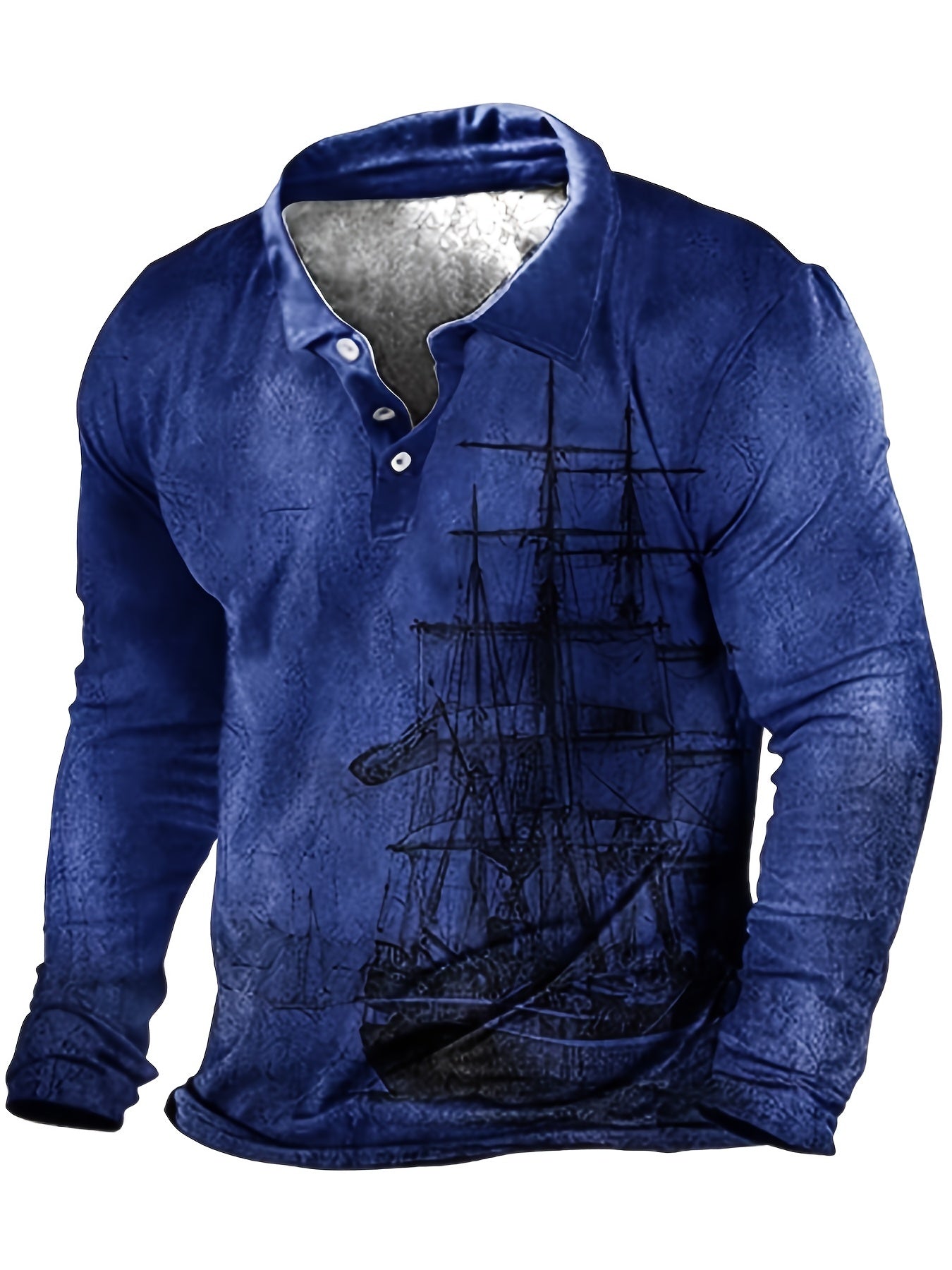 Plus Size Men's 3D Sailboat Print Long Sleeve Shirt