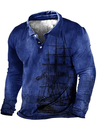 Plus Size Men's 3D Sailboat Print Long Sleeve Shirt