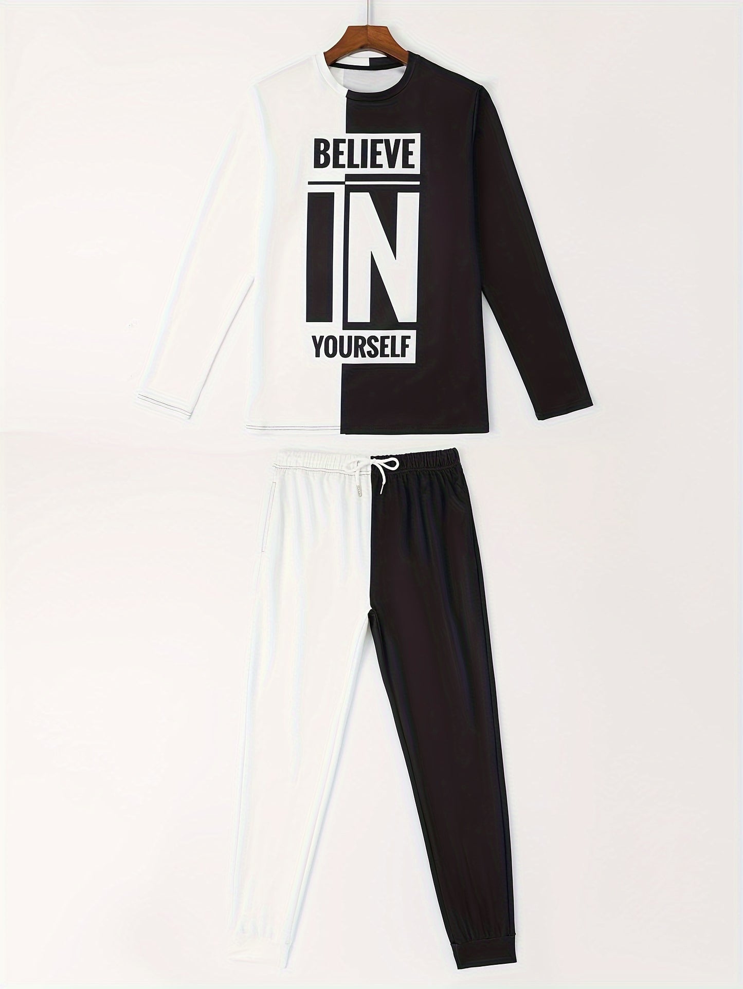 Color Block Casual Men's 2-Piece Outfit Set for Fall/Winter