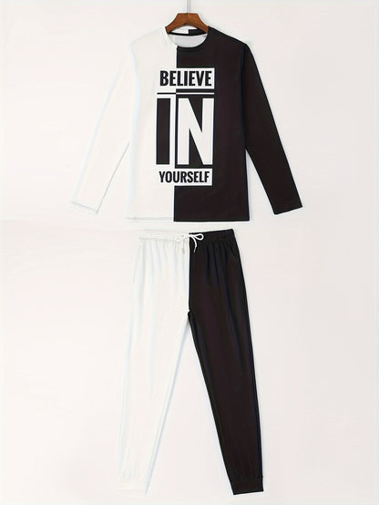 Color Block Casual Men's 2-Piece Outfit Set for Fall/Winter