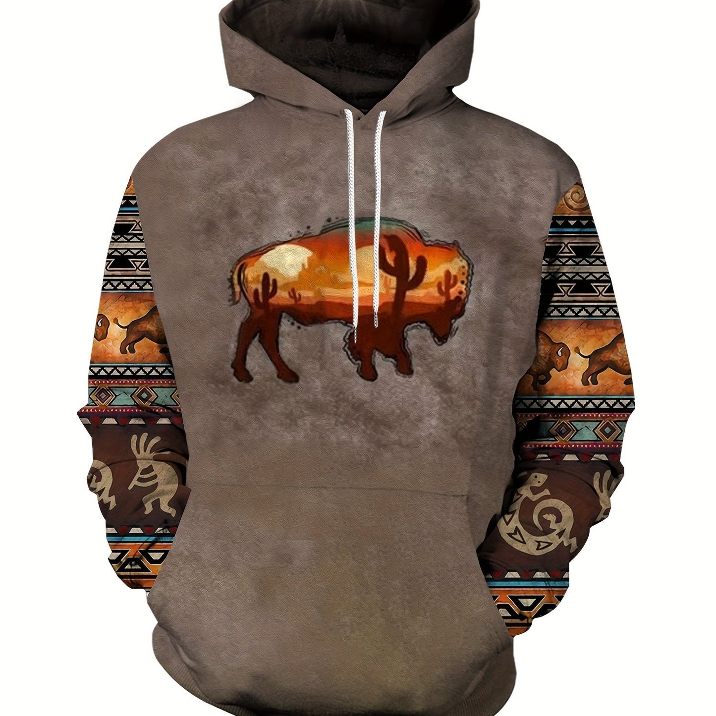 Plus Size Men's Hoodie with Bold Ethnic Prints for Fall