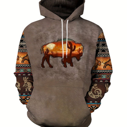 Plus Size Men's Hoodie with Bold Ethnic Prints for Fall