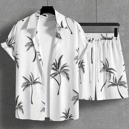 Coconut Tree Print Men's Summer Outfit - Shirt and Shorts Set