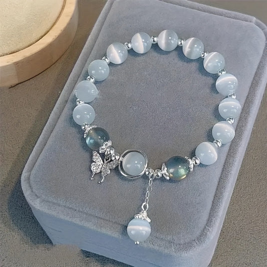 Elegant Cat Eye Stone Bracelet with Butterfly Charm Design